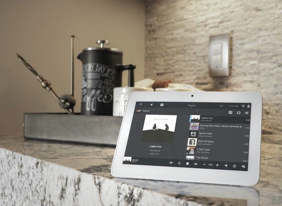 Smart home control touchscreen in a kitchen