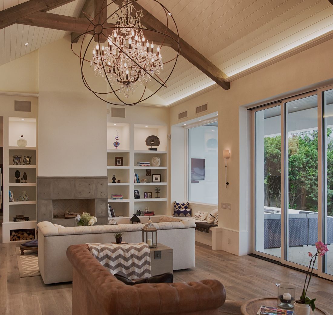 Elegant living room with integrated smart lighting and audio