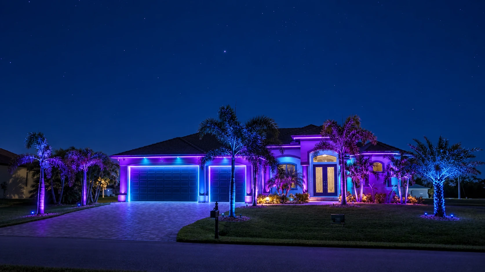 The same Florida home at night lit in purple and blue color scenes
